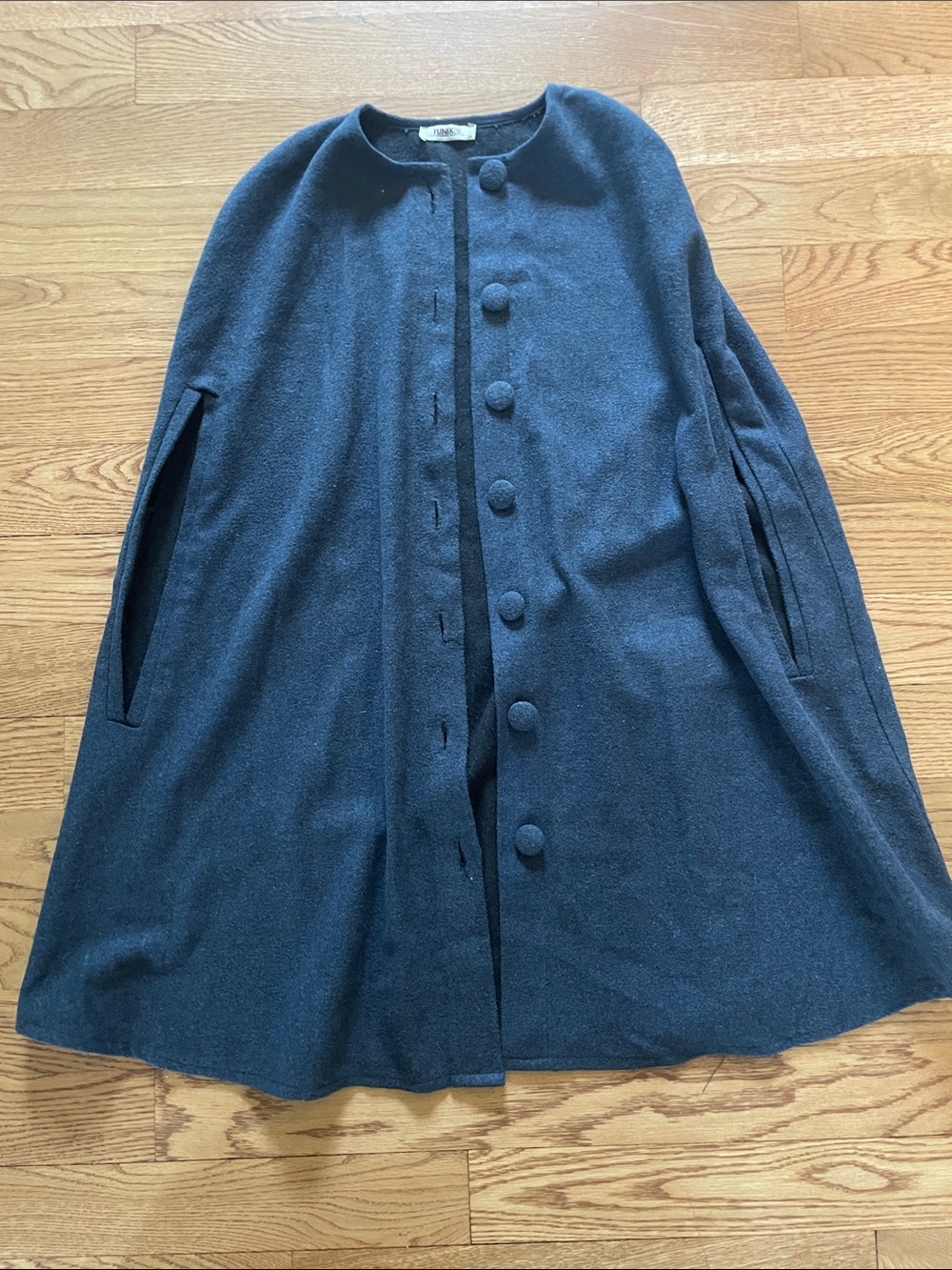 Women's Dark Blue Wool Button-Front Cape with Side Arm Slits
